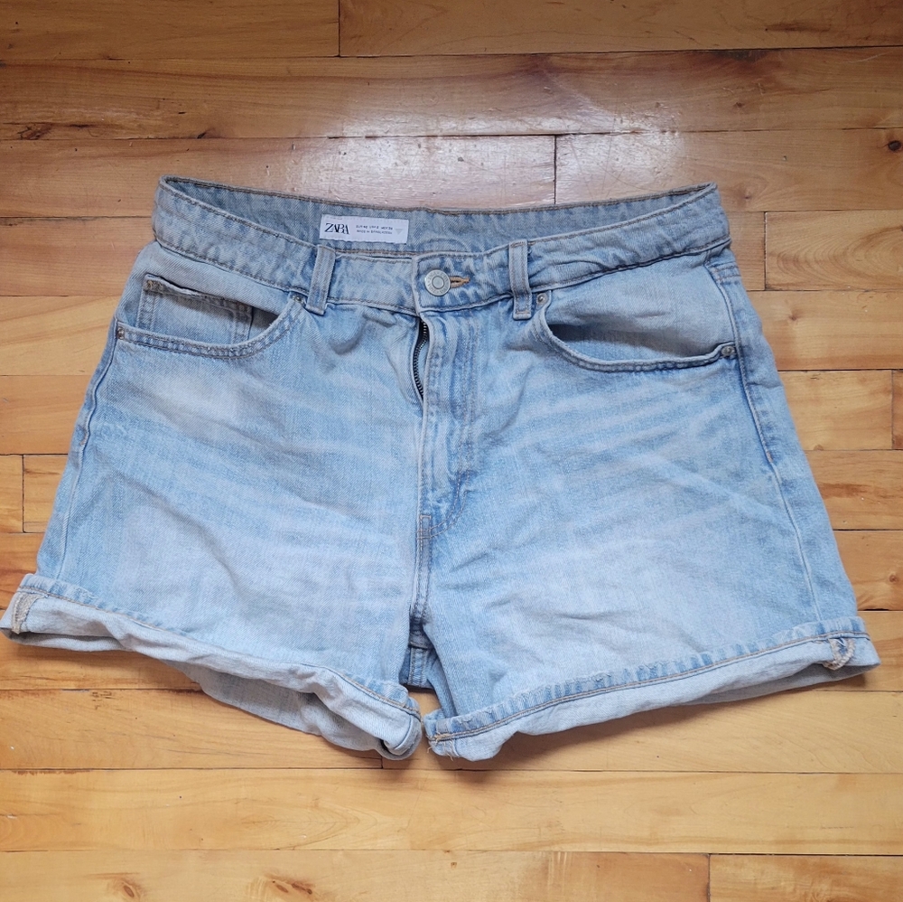 Zara Light Blue Rolled-Hem Denim Shorts